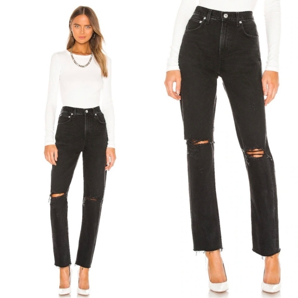 Agolde Black Distressed High Rise Straight Leg Fray Hem Cherie Jeans | 28